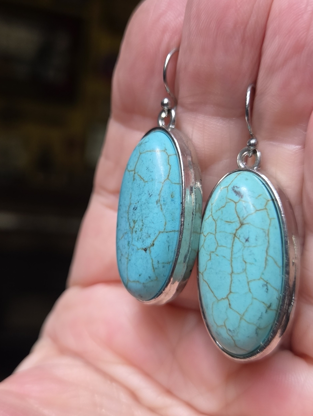 Turquoise Large Natural 22k Oval Drop Silver Earrings - Picture 7 of 8